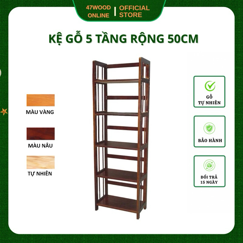 47WOOD Kệ sách 5 tầng rộng 50cm gỗ cao su tự nhiên - Kệ gỗ đa năng 5 tầng 47wood