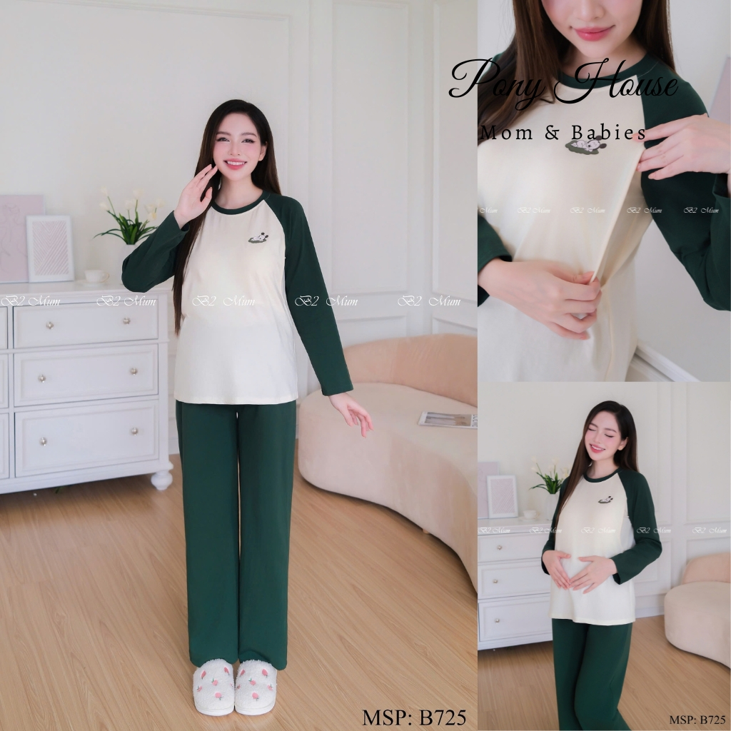 Bộ Bầu Sau Sinh Dài B2 Mum Chất Cotton Mềm Mại Có Khóa Cho Con Bú và Quần Chun Chỉnh Bụng