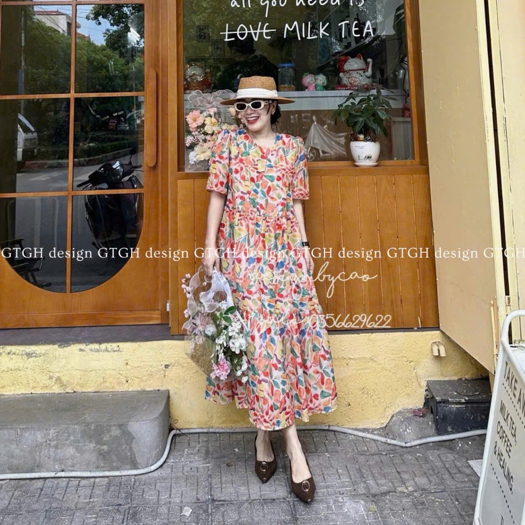 váy suông, váy babydoll tơ hoa cam hot