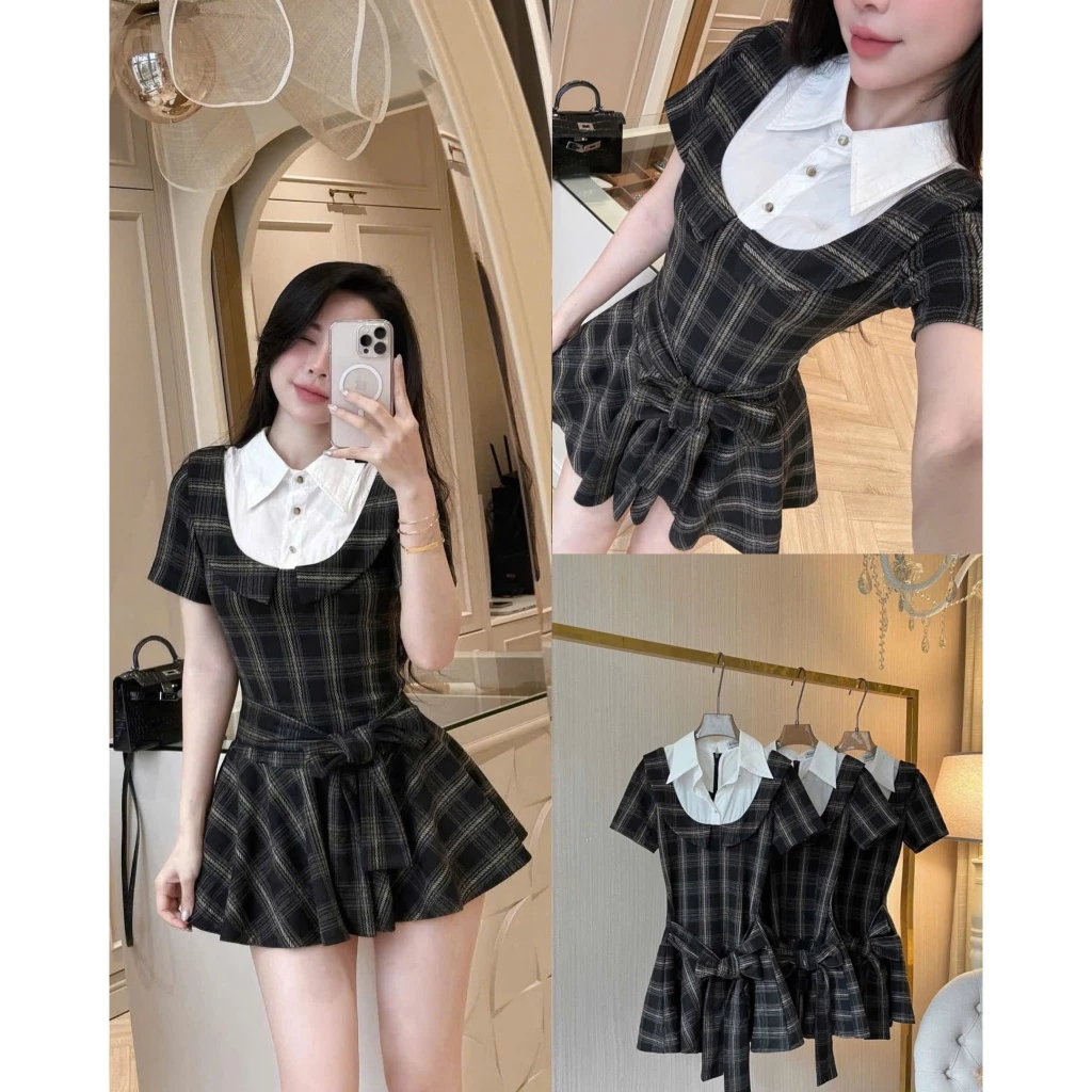 Váy nữ cổ bẻ sơmi xinh xắn, họa tiết caro phối nơ, phong cách trẻ trung