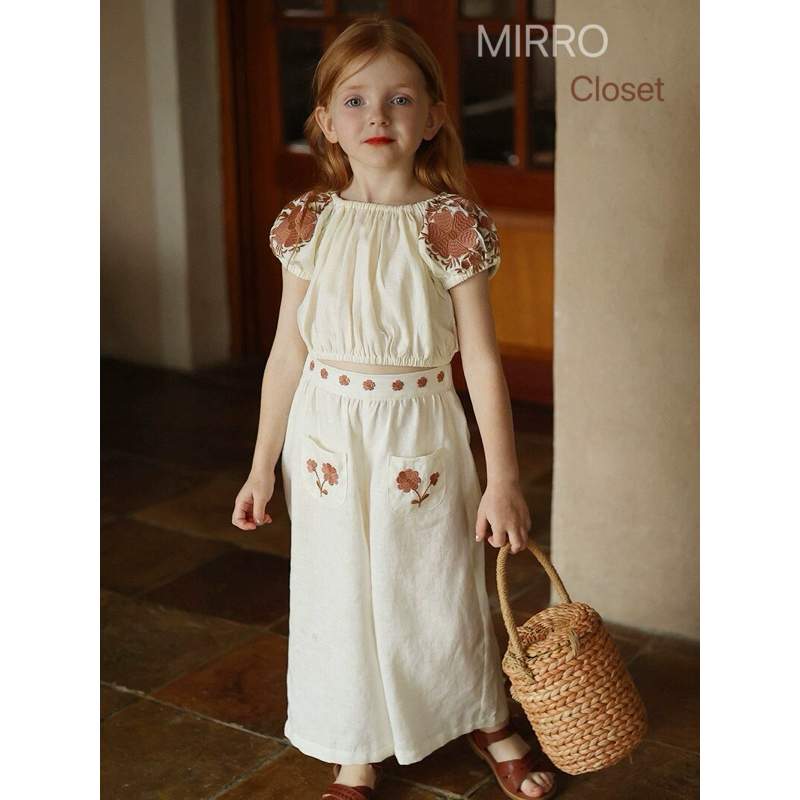 [HÀNG THIẾT KẾ THÊU LINEN] Bộ quần áo crop top Mẹ và Bé vải Linen thêu hoa