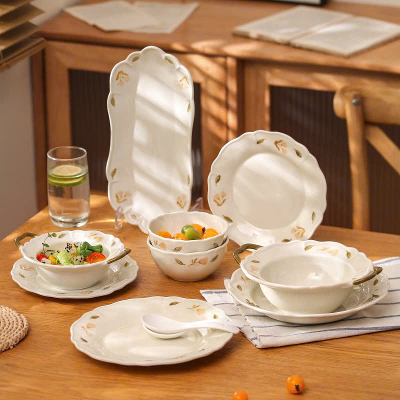 Bộ bát đĩa gốm sứ Decor, Chén dĩa dễ thương, Bát ăn cơm, Bộ chén dĩa hoạ tiết hoa thanh liễu cao cấp