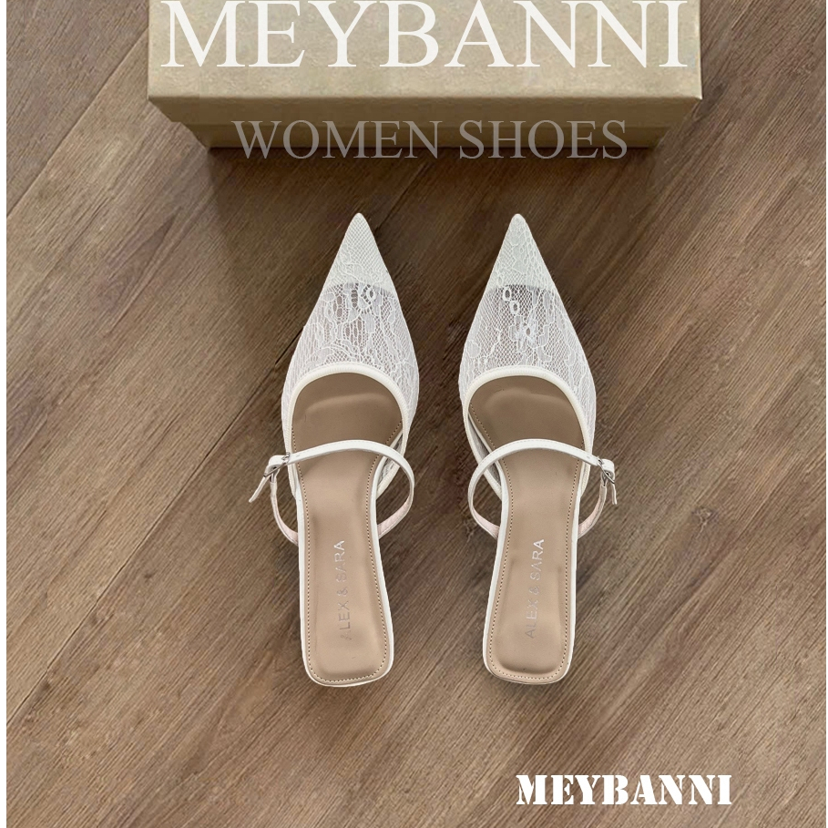 Giày Cao Gót MEYBANNI Mũi Nhọn Đế Nhọn 4cm Bản Ren Hoa Phối Quai Ngang Basic - D802