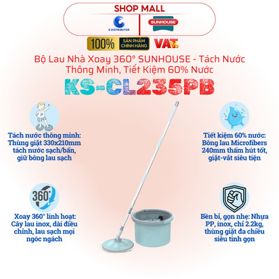 [HỎA TỐC] Bộ lau nhà xoay 360° SUNHOUSE KS-CL235PB - Tách nước thông minh, Tiết kiệm 60% nước