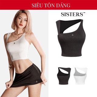 Áo croptop nữ cổ cách điệu SISTERS màu đen, trắng thiết kế cắt xẻ hở lưng ôm sát cơ thể Phoenix SIS-CLUB | SS24-T21