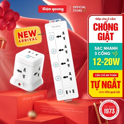 [HỎA TỐC] Ổ Cắm Điện Đa Năng Điện Quang Tích Hợp TypeC USB Ổ Vuông Dẹt Chịu Tải Công Suất 2500W. Bảo hành 12 tháng
