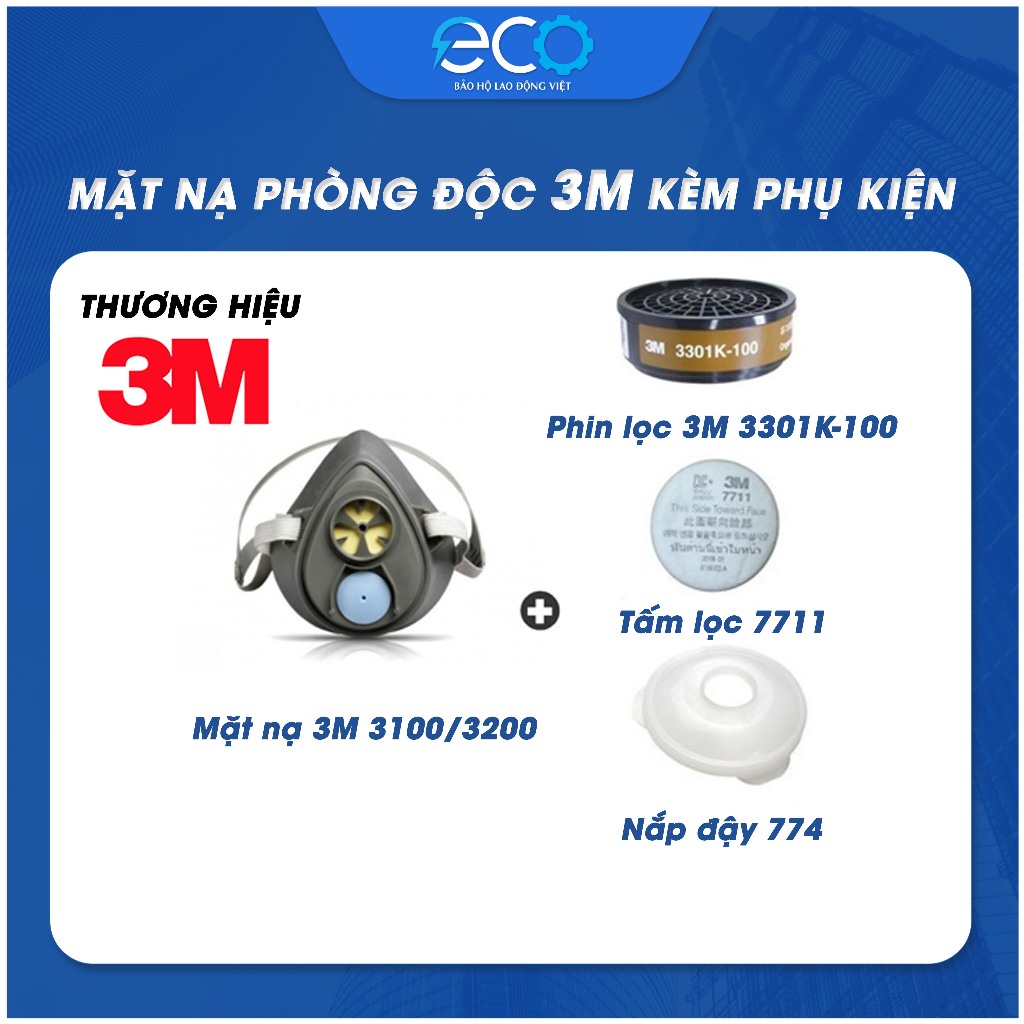 Bộ mặt nạ 3M 3100/3200 + Phin lọc 3301K-100 + Tấm lọc bụi 7711 + Nắp giữ 774 | Hàng chính hãng