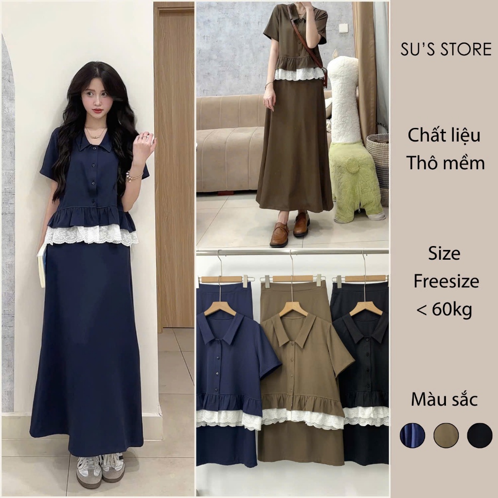 Set Đồ Nữ Áo Chéo Hàn Phối Ren Kèm Váy Dáng Dài Su Chang S792 Thời Trang Nữ