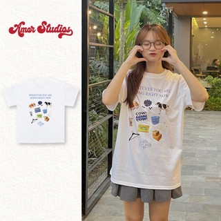 Áo thun trắng COW nhiều hoạ tiết cổ tròn form rộng áo phông đôi Unisex nam nữ Cotton 2 chiều 230gsm - AMOR STUDIOS