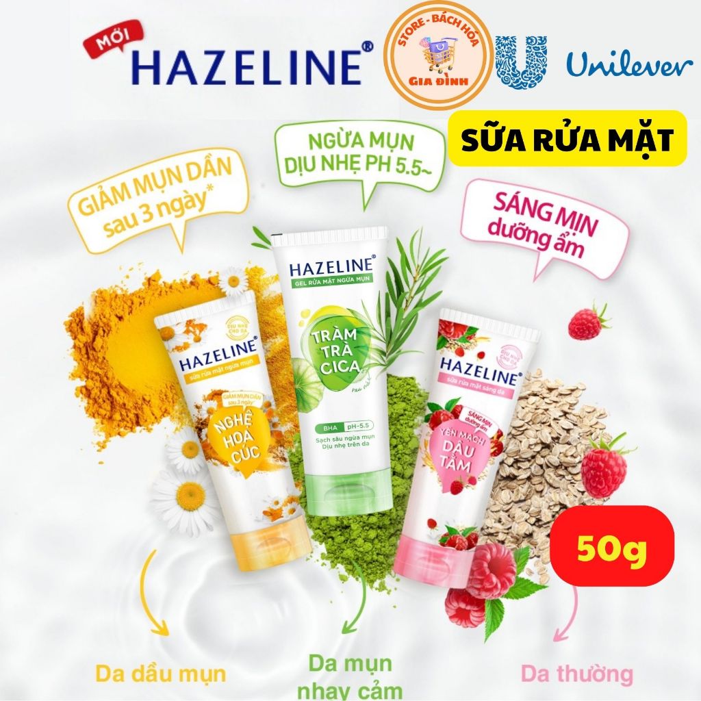 Hazeline - Sữa Rửa Mặt HAZELINE Nghệ Hoa Cúc | Tràm Trà Rau Má | Yến Mạch Dâu Tằm - TUÝP 50G