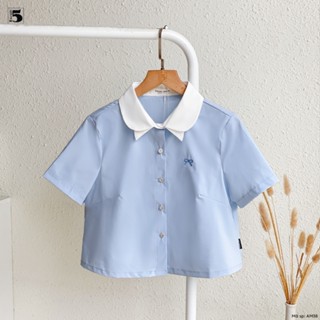 Áo sơ mi nữ Twentyfive dáng lửng phối cổ trắng, thêu nơ trước ngực vải thô cotton AM38