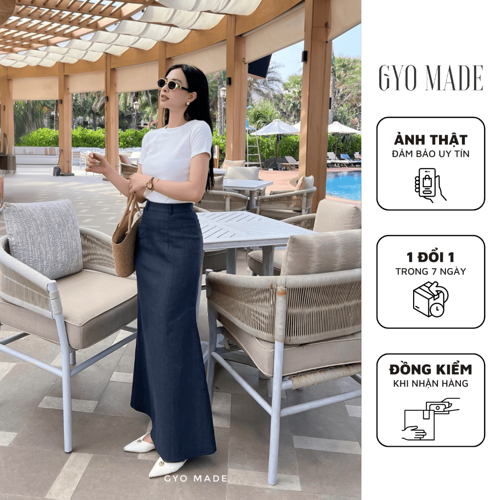  Chân váy Jean dáng đuôi cá nhẹ GYOMADE® họa tiết chấm trắng nhỏ lưng cao tôn dáng | GV029 