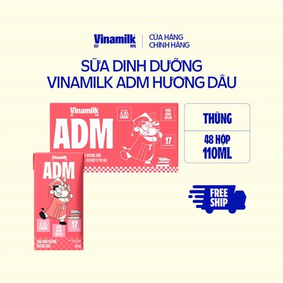 Thùng Sữa dinh dưỡng Vinamilk ADM Hương dâu Hộp 110ml - 48 hộp/Thùng