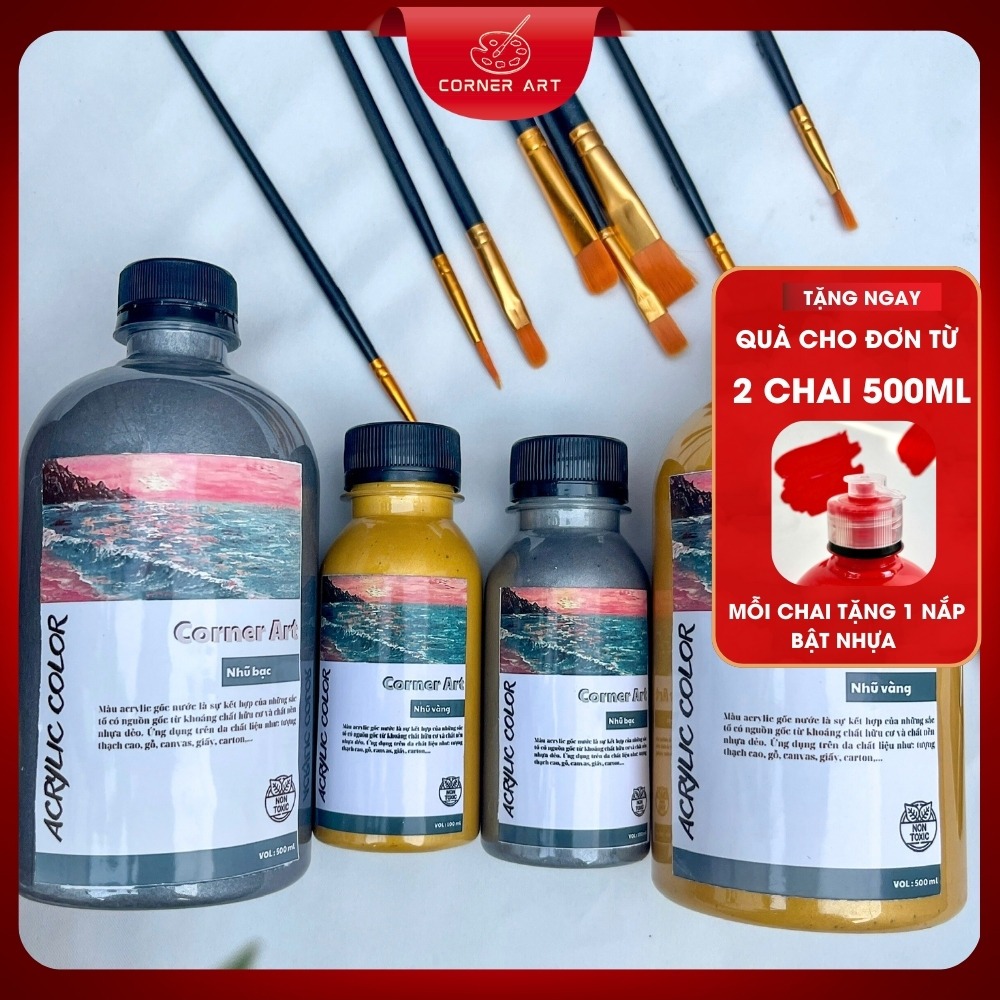 Màu Nước Acrylic Dạng Chai 100ml/ 500ml - Bảng Màu Nhũ - Vẽ Trên Nhiều Chất Liệu: Giày, tranh, vải,.
