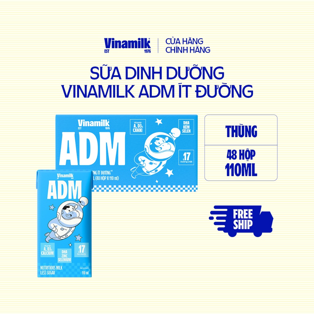 Sữa dinh dưỡng ít đường Vinamilk ADM - Thùng 48 hộp 110ml
