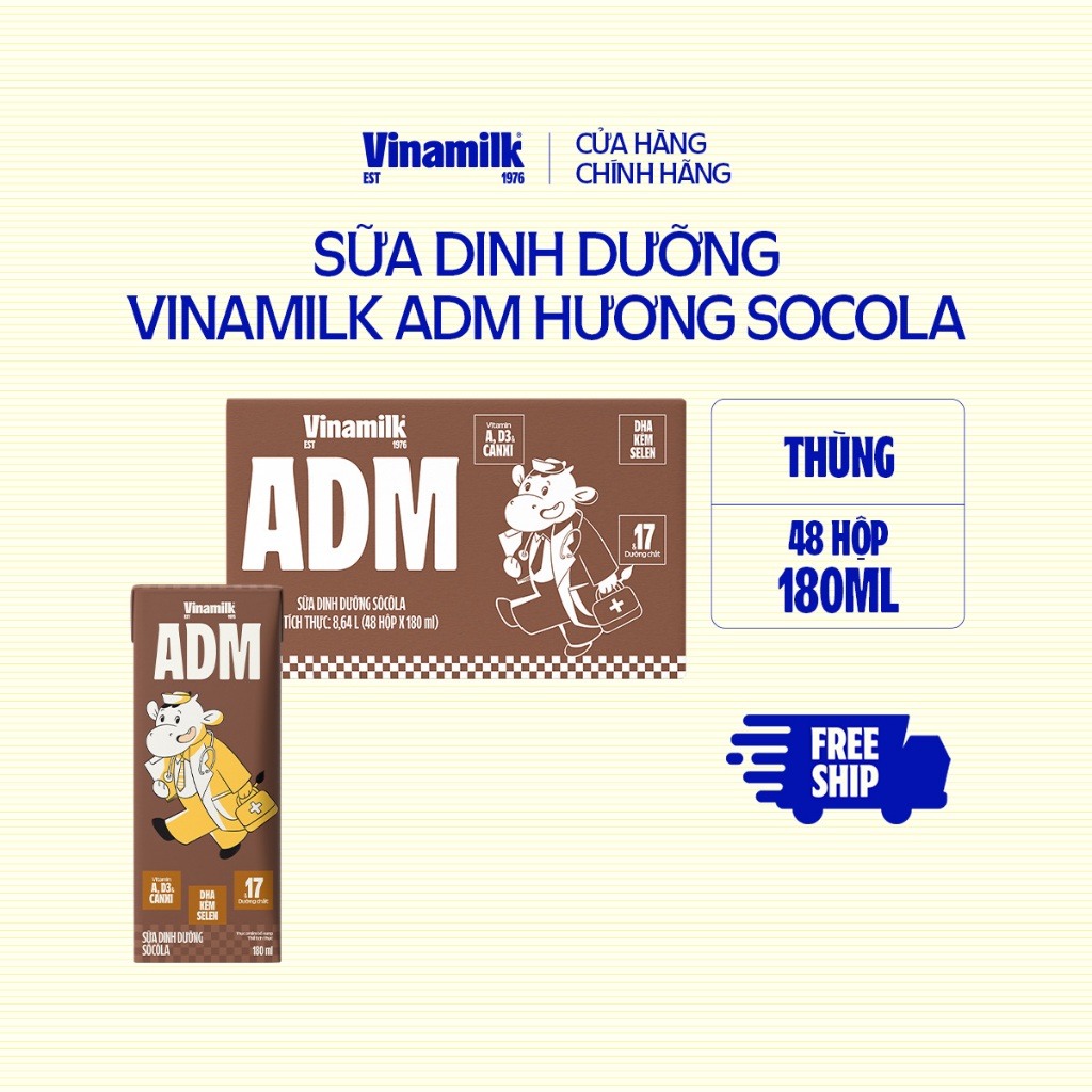 Sữa dinh dưỡng Socola Vinamilk ADM - Thùng 48 hộp 180ml