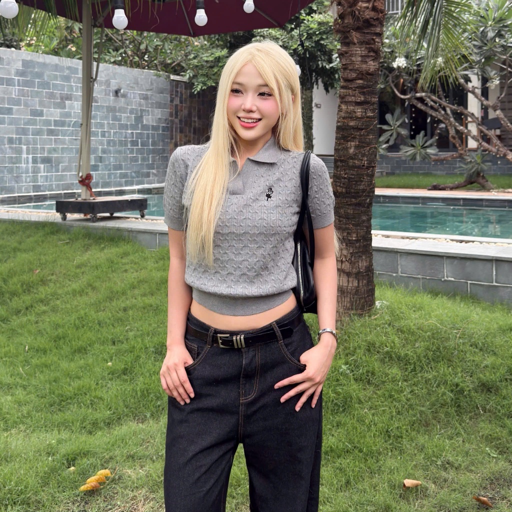 Áo Polo Dệt Kim Cable-Knit Calem.Club họa tiết Thêu Mini vải dệt nổi form nữ | BigBuy360 - bigbuy360.vn