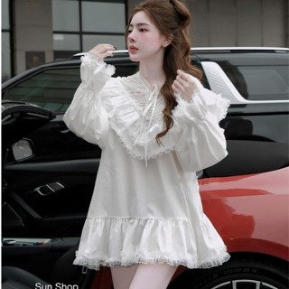 váy babydoll tiểu thư,váy babydoll tay dài bo ống loe cổ bèo pha ren tôn dáng tiểu thư xinh xỉu C312