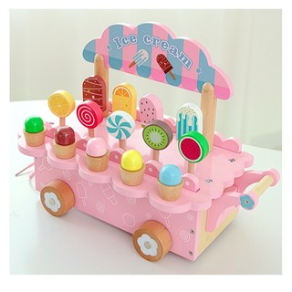  Bộ đồ chơi xe đẩy bán kem bằng gỗ cao cấp kabeiqi TOYSTORE xe họa tiết trắng hồng dễ thương cho bé 32.3 x 25cm 
