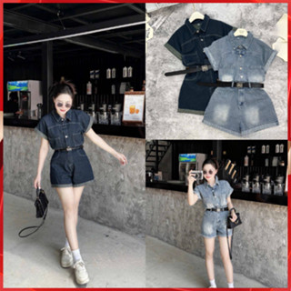  Jum bò nữ cổ sơ mi cộc tay quần đùi chất bò mềm phong cách trẻ trung - Jum jean nữ 