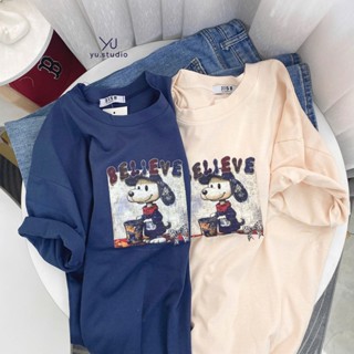 áo thun nữ YUSTUDIO 3158 cotton khô form rộng, áo tay lỡ nam nữ mẫu cún bilieve