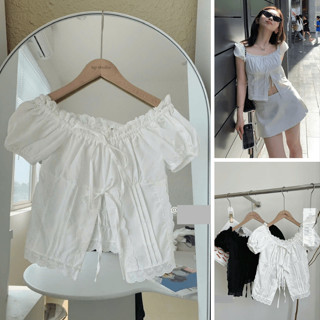 Áo Sơmi Thô Cổ Vuông Phối Bèo - Dây Buộc 2 Màu Đen Trắng - Thời Trang Hè - Nữ