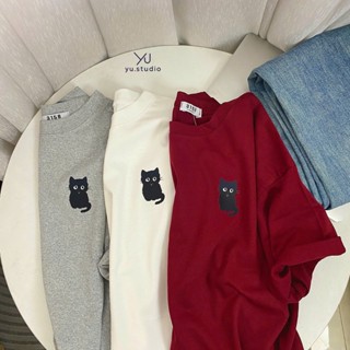 áo thun 3158 YUSTUDIO cotton khô, áo nam nữ form rộng mẫu Mèo Đen