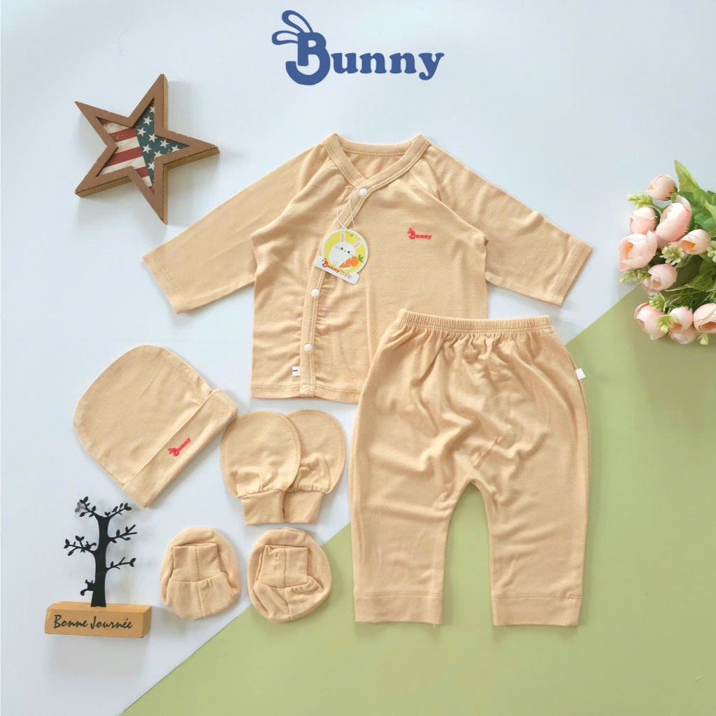 Bộ cài chéo sơ sinh 5 món thun lạnh Modal mềm mát cao cấp Bunny cho bé 3-6kg
