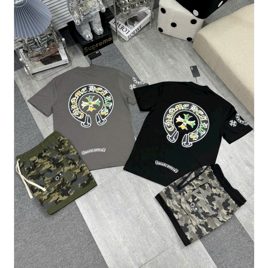 Bộ cộc tay CHROME HEARTS LOGO MÓNG NGỰA vải cotton cao cấp thời trang form rộng unisex | BigBuy360 - bigbuy360.vn