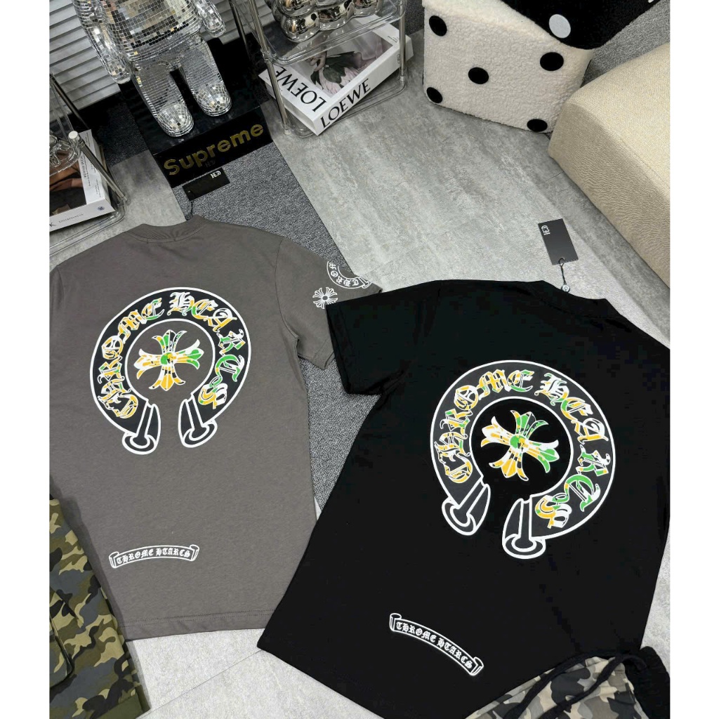 Bộ cộc tay CHROME HEARTS LOGO MÓNG NGỰA vải cotton cao cấp thời trang form rộng unisex | BigBuy360 - bigbuy360.vn