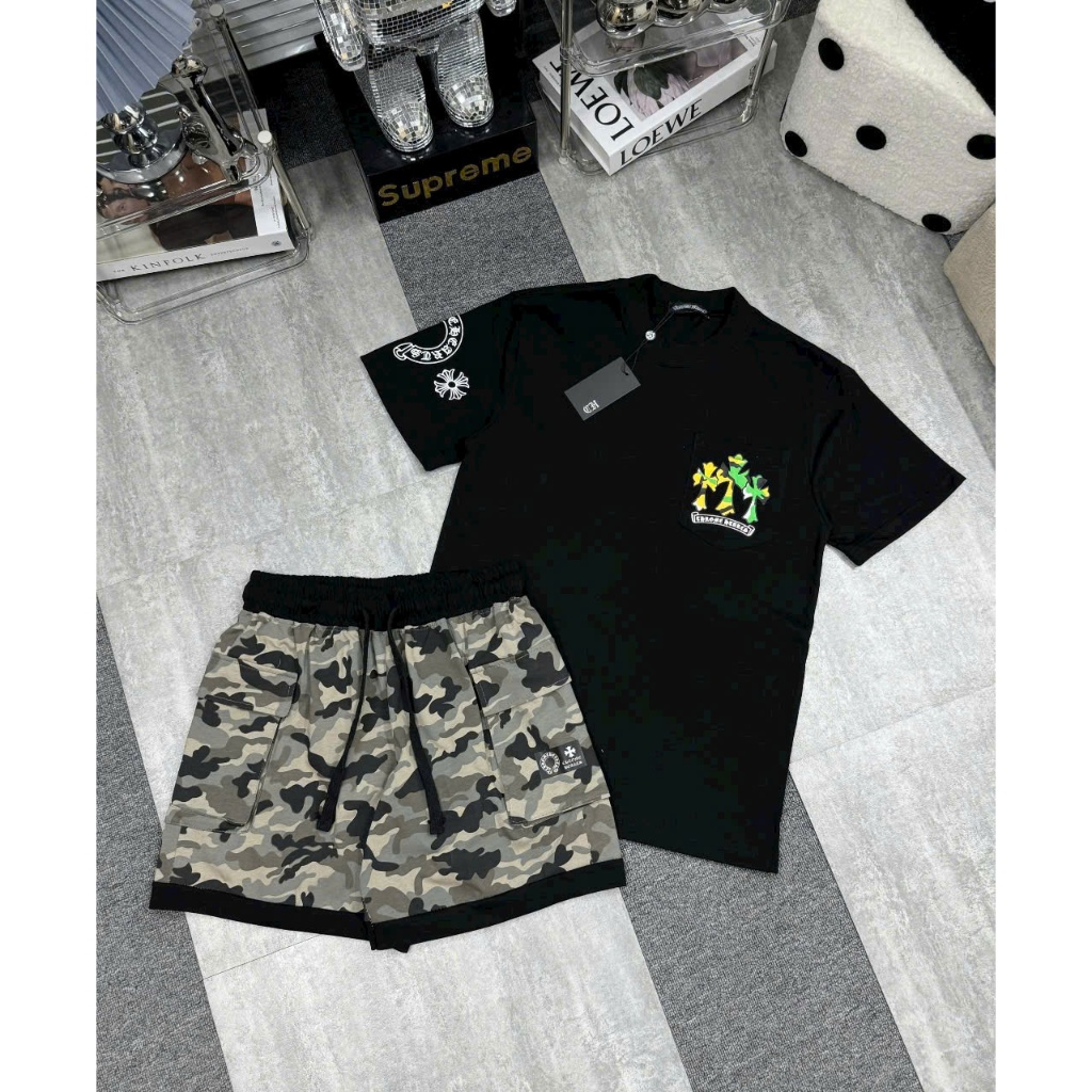 Bộ cộc tay CHROME HEARTS LOGO MÓNG NGỰA vải cotton cao cấp thời trang form rộng unisex | BigBuy360 - bigbuy360.vn