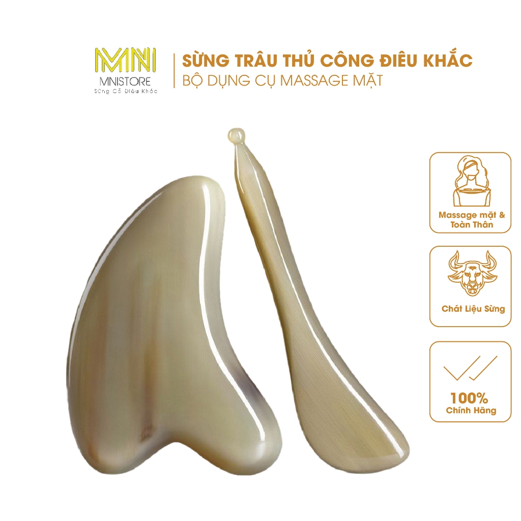 Bộ Massage Mặt Gồm Guasha Nâng Cơ & Cày Bi Mnistore Chế Tác Từ Sừng Trâu,Giúp Massage Guasha Nâng Cơ