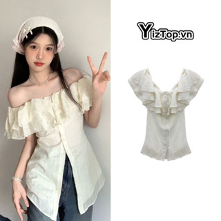YizTop Áo Trễ Vai Phối Bèo Tay Ngắn,Áo Sơ Mi Kiểu Nữ Bánh Bèo Thiết Kế Trễ Vai Chất Đũi Gân Áo Trễ Vai Nữ