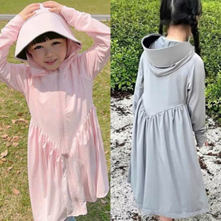 Áo khoác chống nắng thun lạnh kiểu dáng váy mũ vành cứng cho bé gái