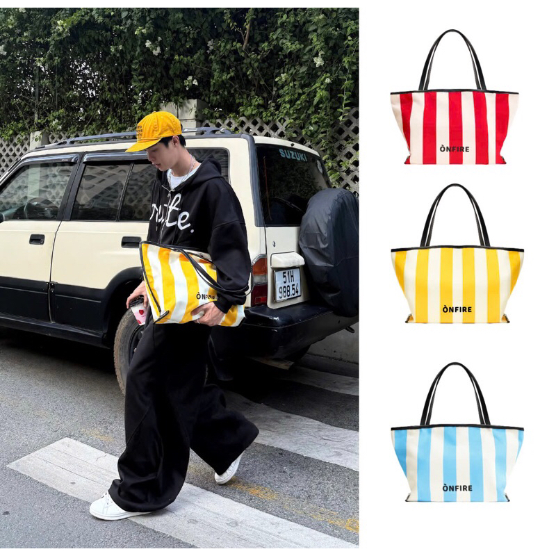Túi Tote Vải Double Canvas Kẻ Sọc Onfire Đeo Vai Cỡ Lớn  Phù Hợp Mang Hằng Ngày