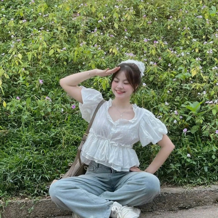 Luna Vintage Áo babydoll trắng hạt gạo ulzzang 2 tầng dây rút eo,áo nữ kiểu dáng Hàn Quốc