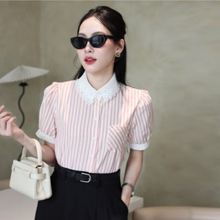 Áo sơ mi kẻ phối cổ ren PCR110QA trẻ trung mềm mát thấm mồ hôi