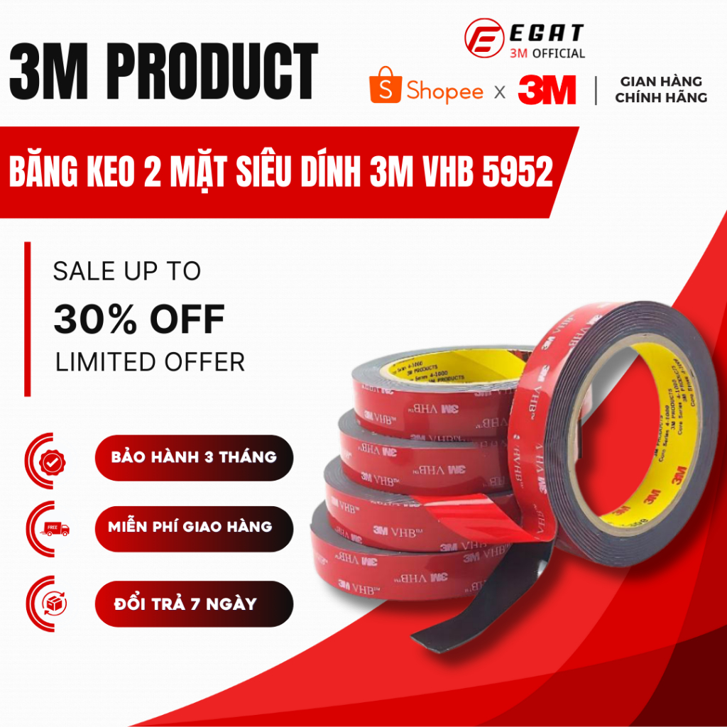 Băng Keo 2 Mặt Siêu Dính 3M VHB 5952 Chính Hãng Hà Nội, Băng Keo Cường Lực Cuộn Lẻ 0.5m, 1m, 2m, 3m