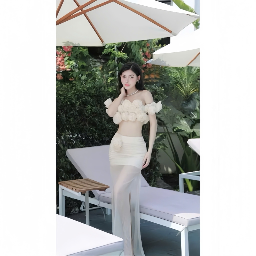 [ BKN 054 ] Set đi biển CAO CẤP thiết kế trễ vai hoa 3D voan phối lưới sang xịn ( có mút) HÀ BIKINI | BigBuy360 - bigbuy360.vn