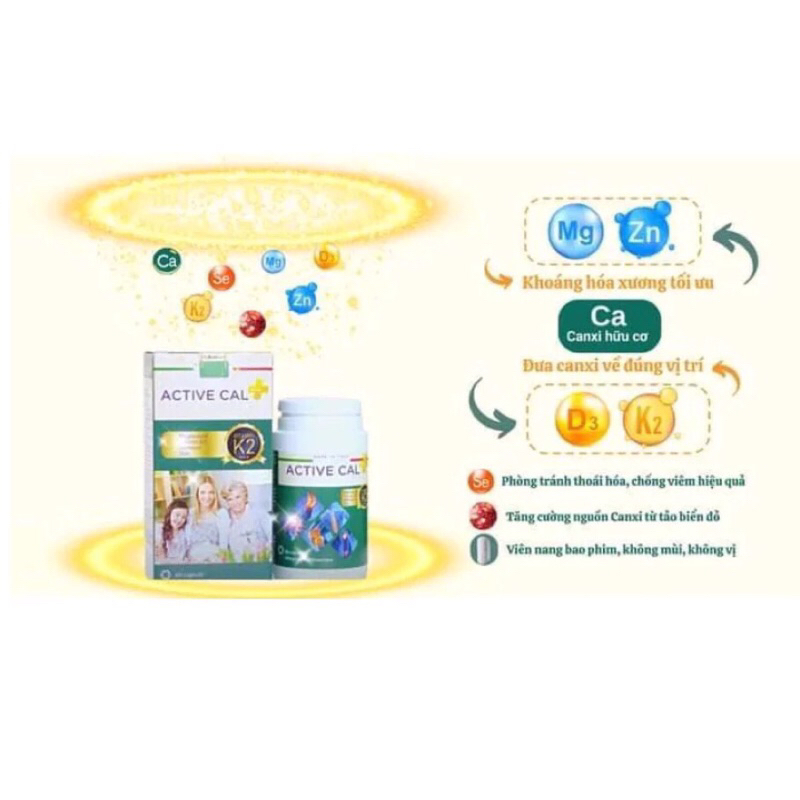 Viên Uống Active Cal - Bổ Sung Canxi Hữu Cơ, Vitamin D3 K2, Giúp Hấp Thụ Canxi Tốt Hơn (Hộp 60 viên)