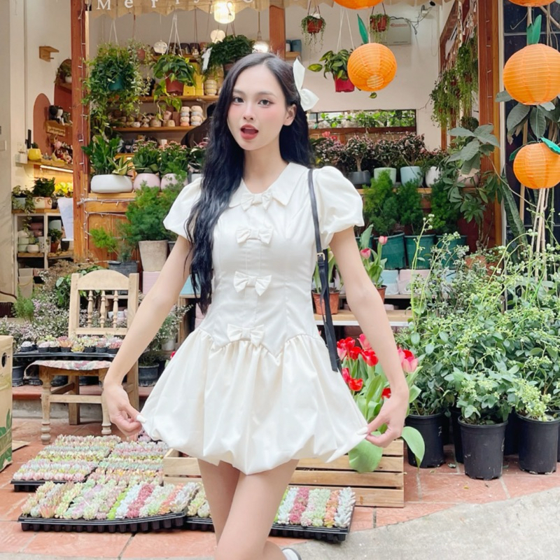 Váy bồng xoè dáng bí thường mặc dáng ngắn đính nơ tay bồng kèm quần bảo hộ Dolyly - V89