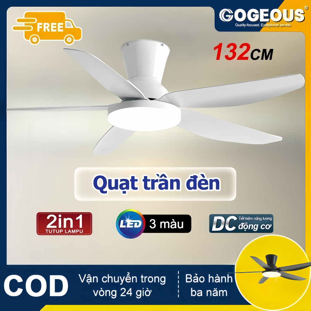 Quạt trần 5 cánh thích hợp cho phòng khách đèn quạt 3chế độ chiếu sáng có điều khiển từ xa gió 6 cấp