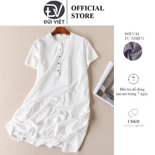 Đầm linen dáng suông cổ tàu, đầm form rộng Đũi Việt DV80