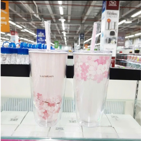 Ly Nhựa 2 lớp LocknLock Cherry Blossom Kèm Ống Hút HAP509WHT / HAP509PIK 750ml
