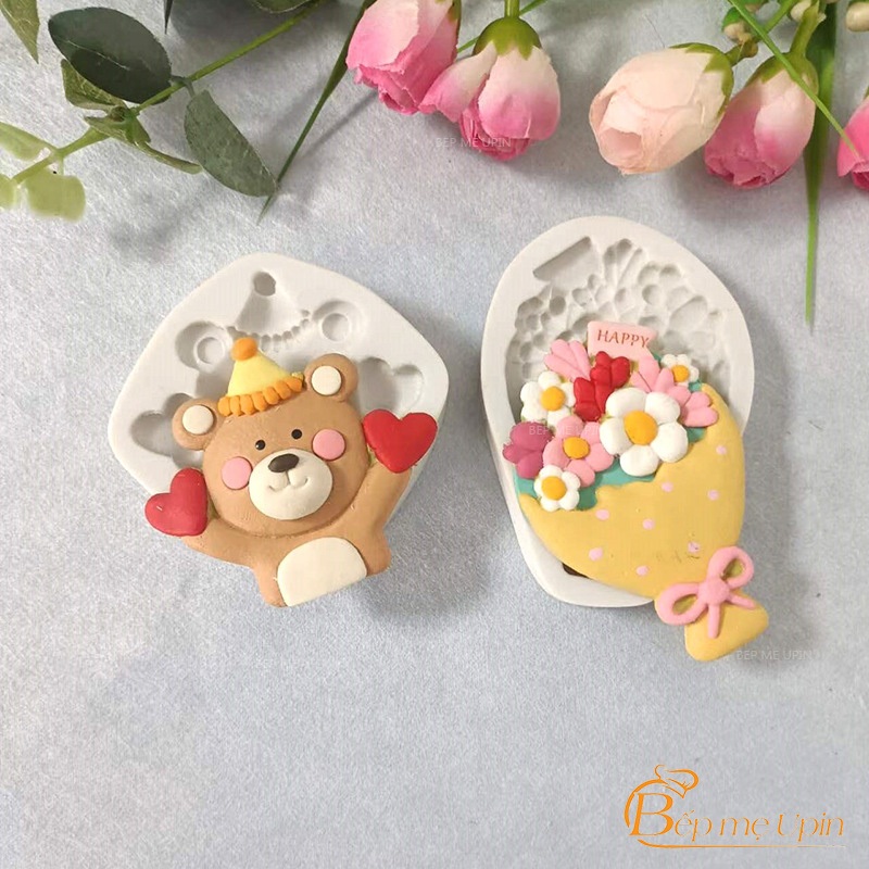 Khuôn silicon bó hoa, khuôn gấu đội mũ 2 tim