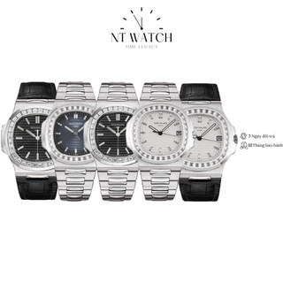 Đồng hồ nam Patek Philippe Nautilus Watch 5723 mặt kính chống xước, viền đinh đá, dây thép đeo tay.