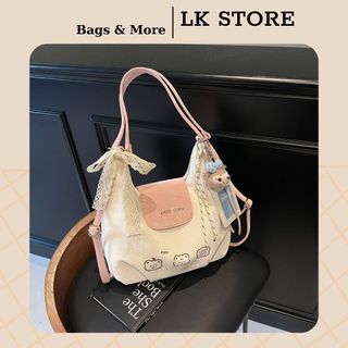 Túi Xách Nữ Tote Da Nhung In Hình Gấu Kèm Móc Khóa & Dây Nơ Dễ Thương – NA123