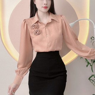 Áo sơ mi Lụa sang chảnh áo thiết kế vải lụa vân mây phối hoa sang trọng áo đi tiệc đi làm đi chơi LAMO - B1401