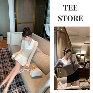 Áo len tăm phối cổ sơ mi TEE STORE tay dài phong cách thu đông Hàn Quốc cho nữ