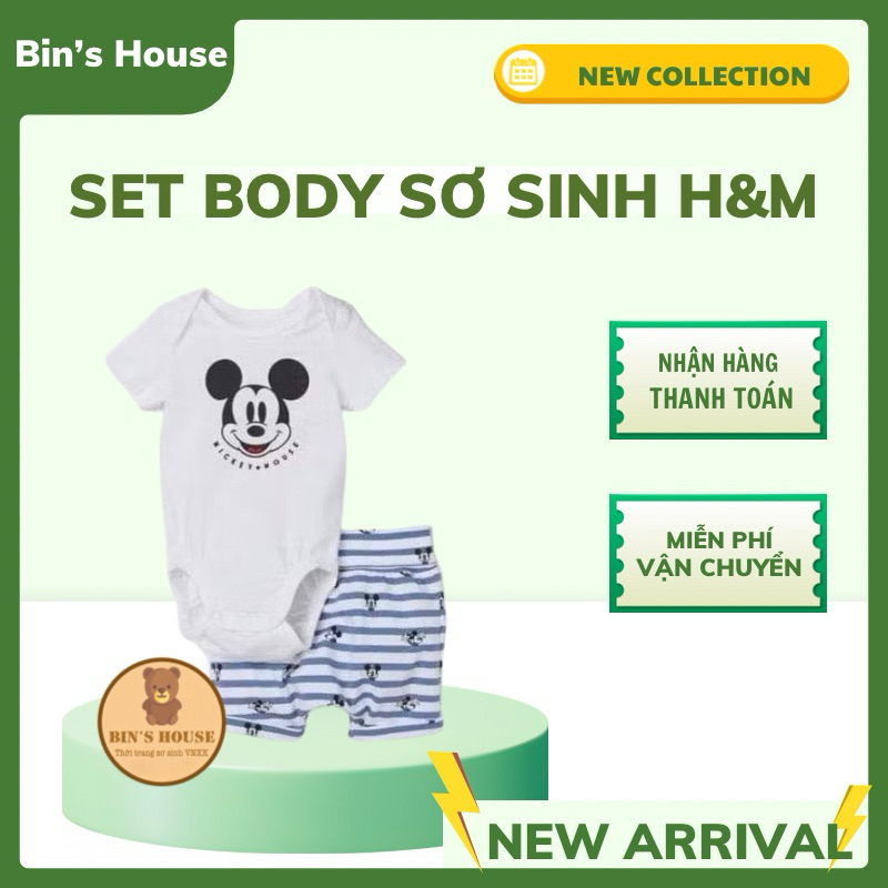 Set body+quần Mickey H&M xuất dư sz 0-4M
